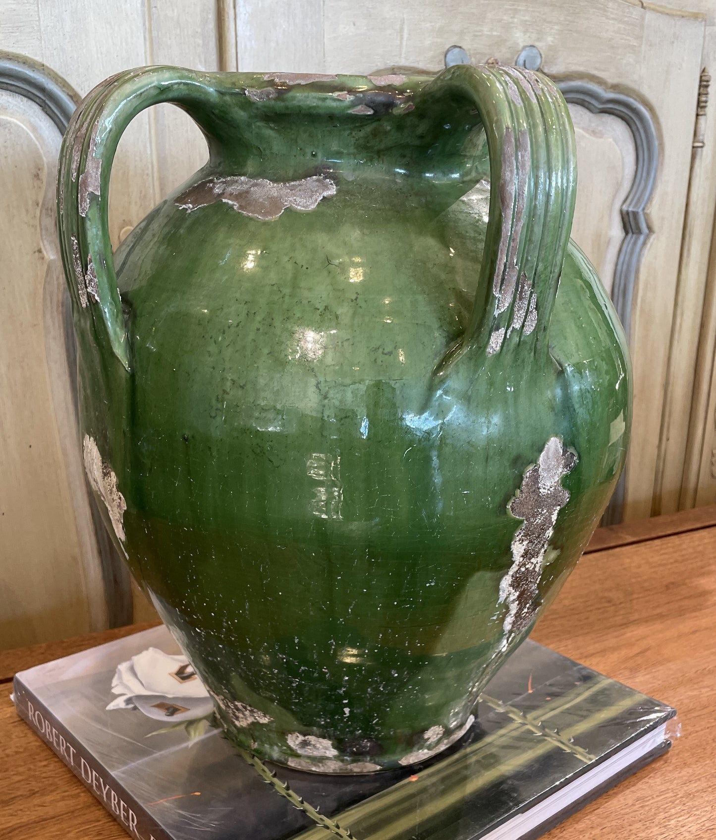 Antique French Oil Pot, Green Glaze with three Handles (0HP00N)