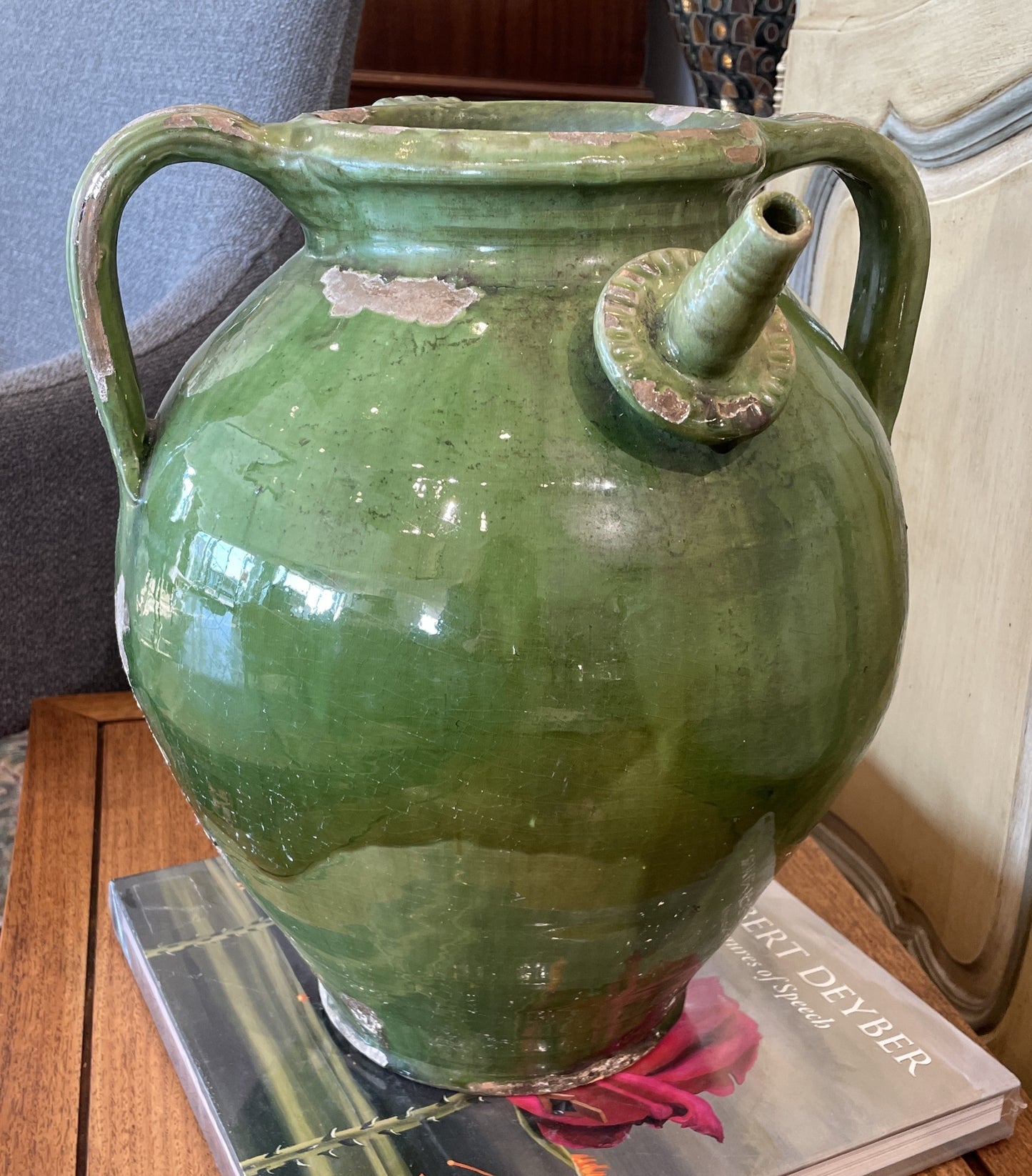 Antique French Oil Pot, Green Glaze with three Handles (0HP00N)