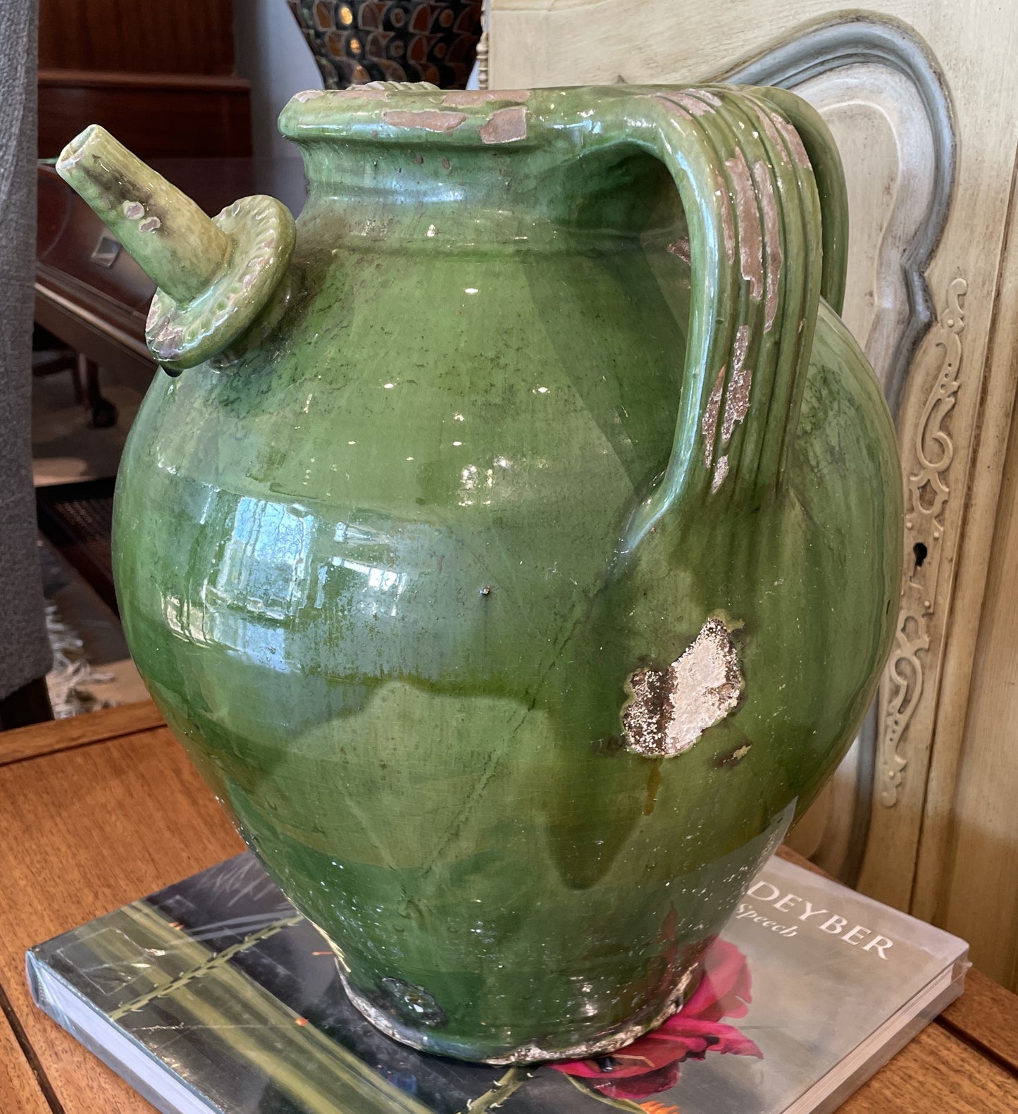 Antique French Oil Pot, Green Glaze with three Handles (0HP00N)
