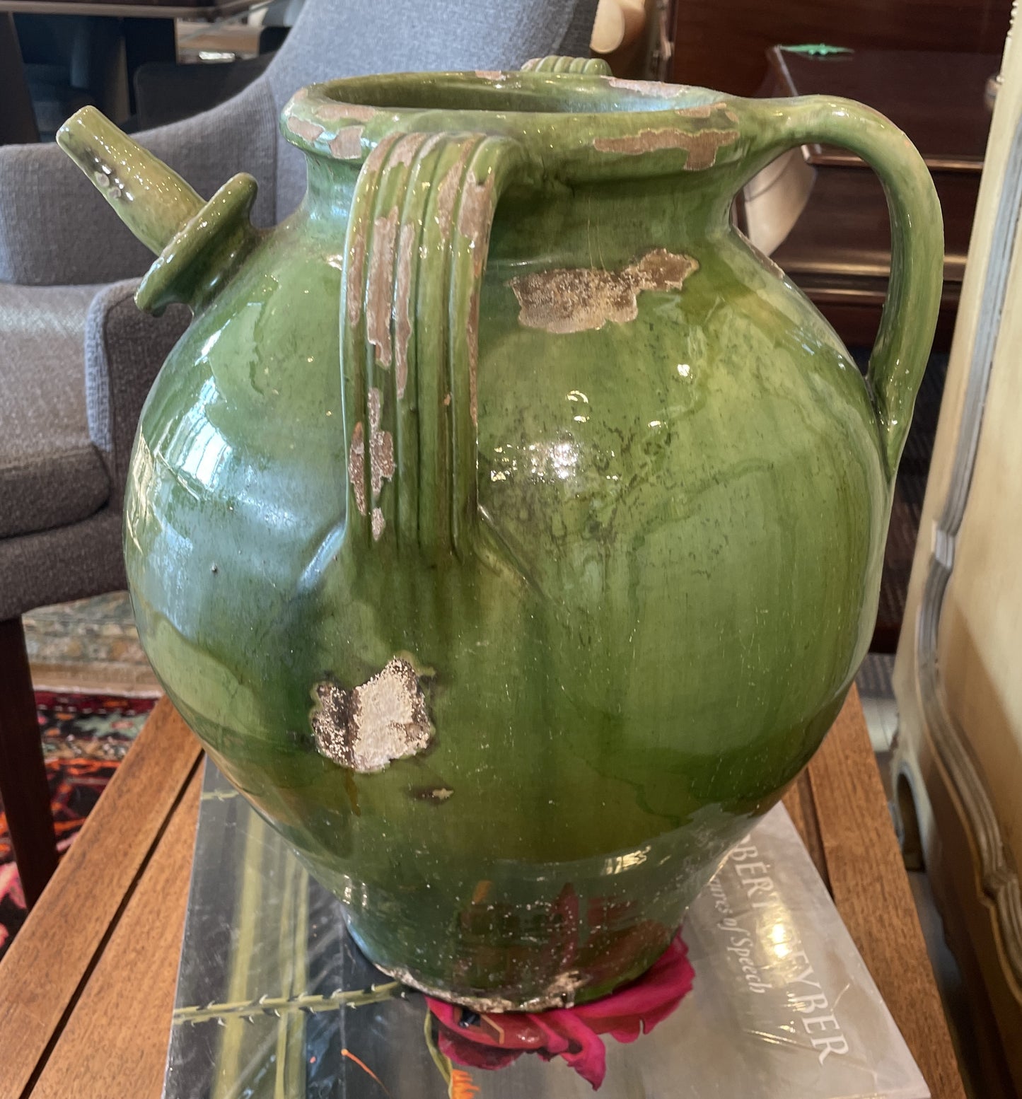 Antique French Oil Pot, Green Glaze with three Handles (0HP00N)