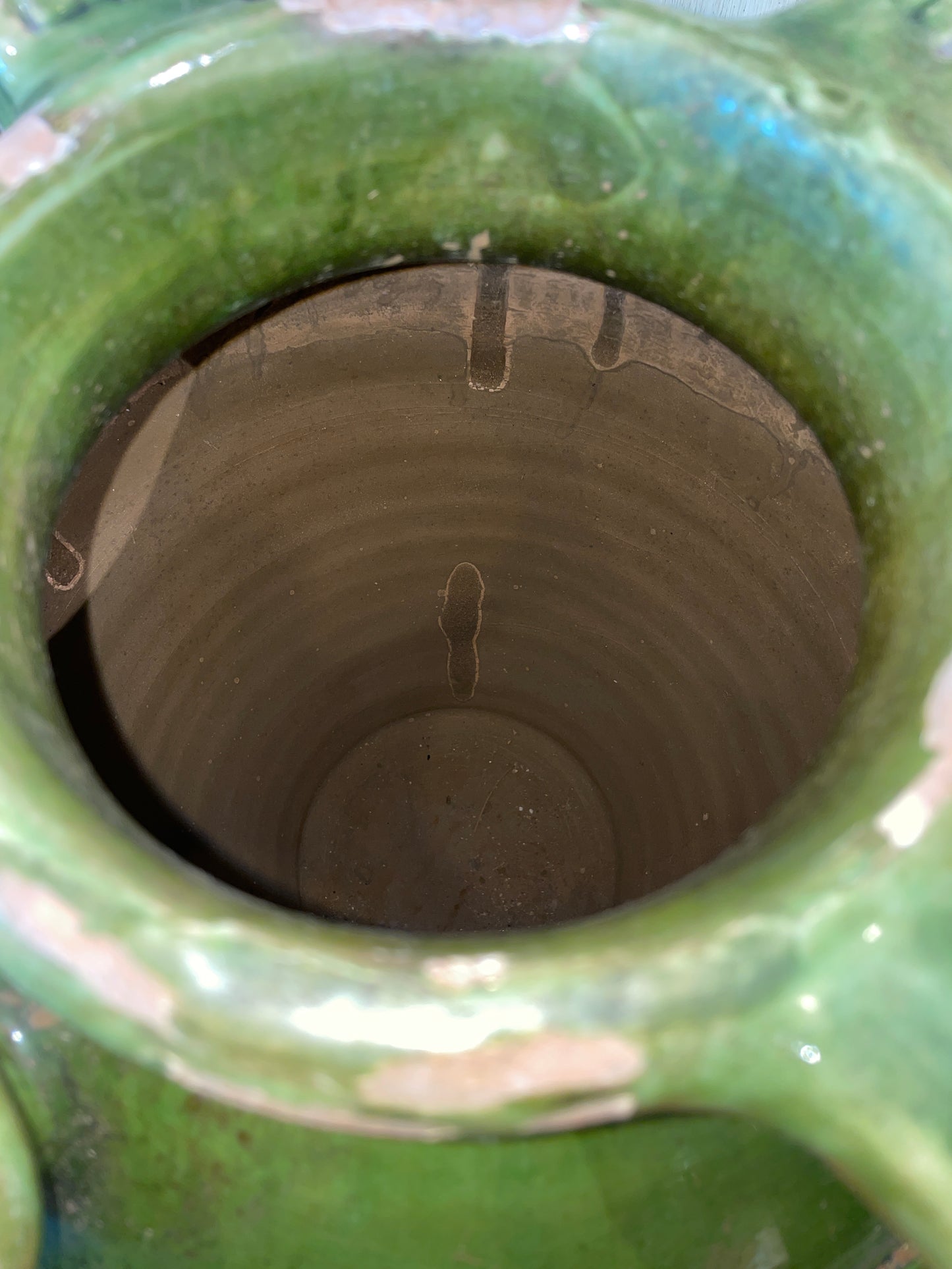 Antique French Oil Pot, Green Glaze with three Handles (0HP00N)