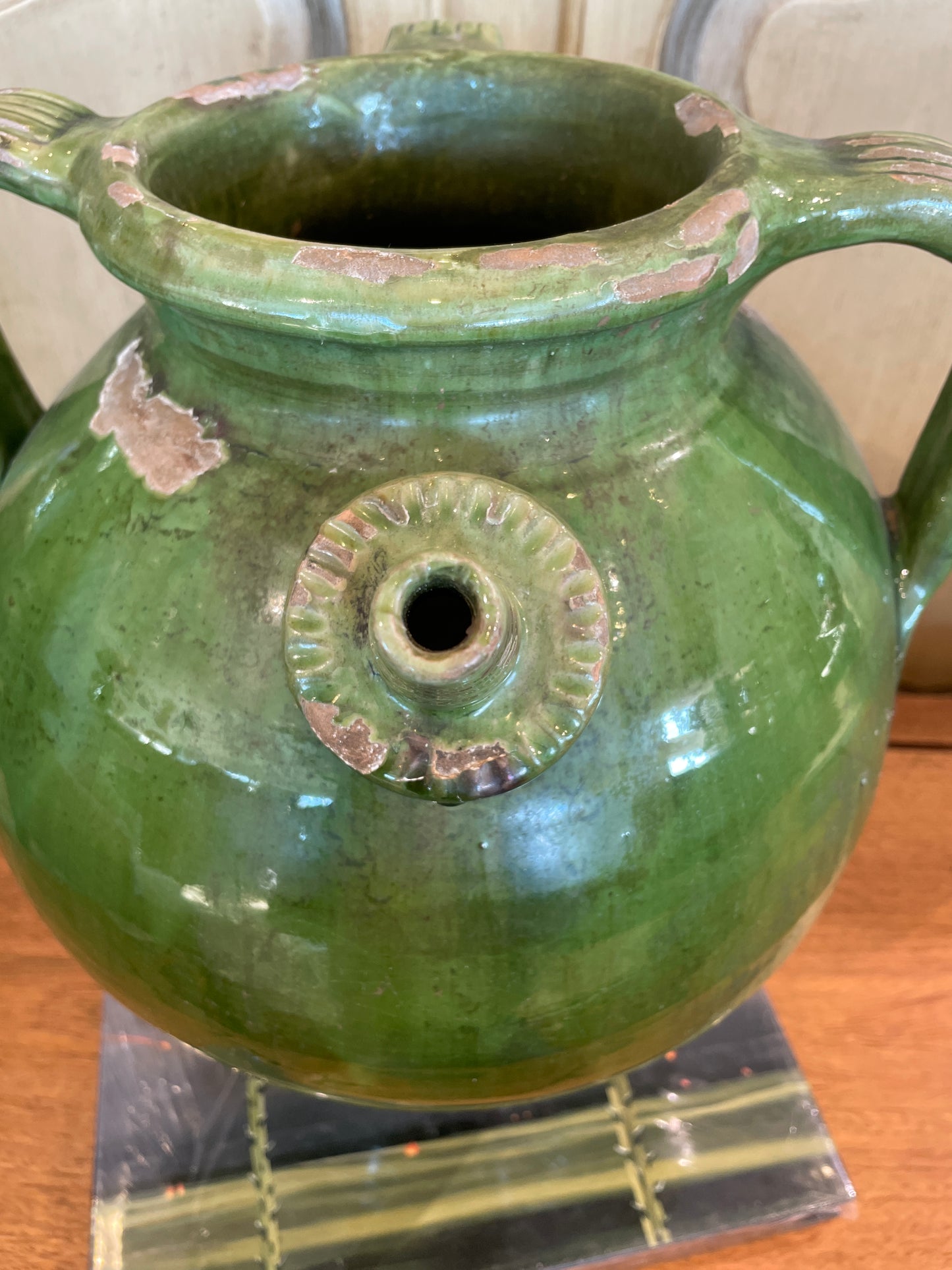 Antique French Oil Pot, Green Glaze with three Handles (0HP00N)