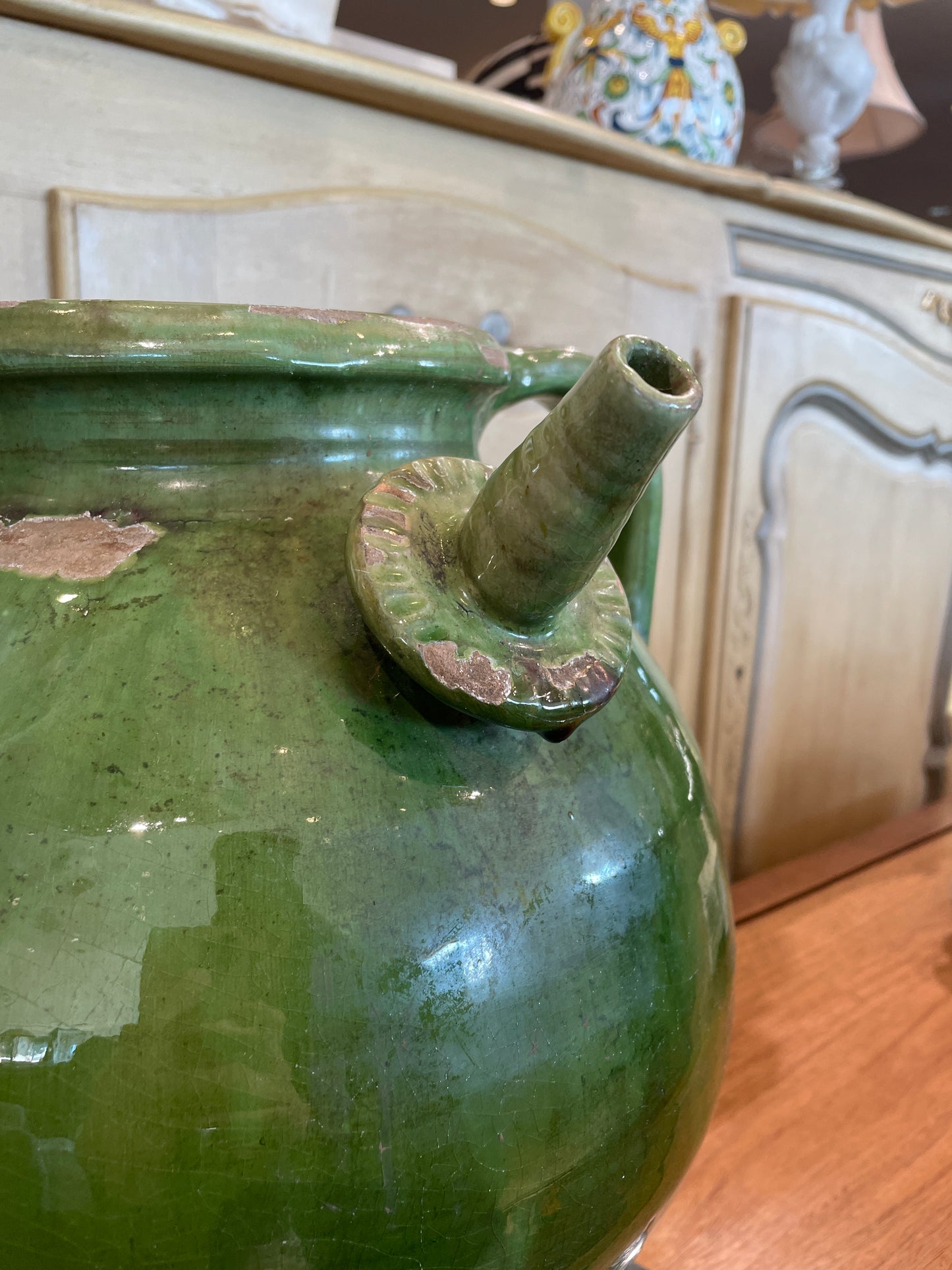 Antique French Oil Pot, Green Glaze with three Handles (0HP00N)