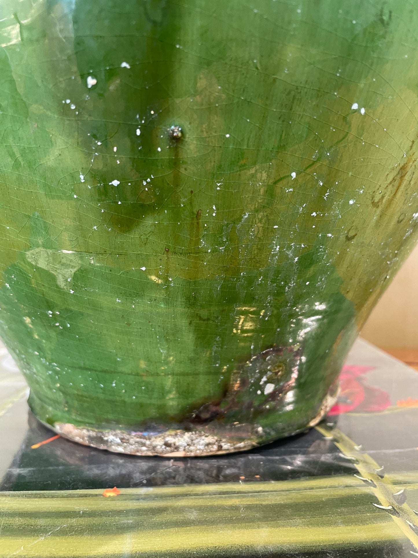 Antique French Oil Pot, Green Glaze with three Handles (0HP00N)