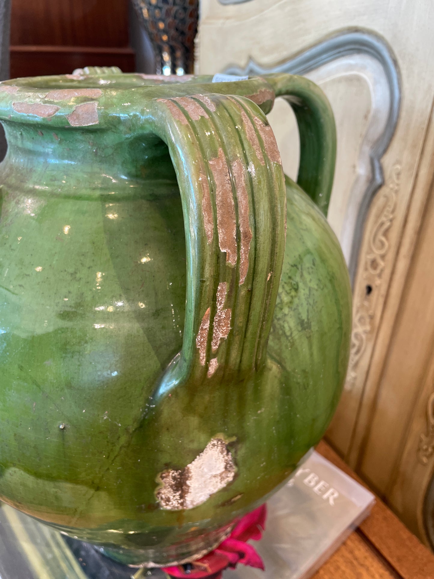 Antique French Oil Pot, Green Glaze with three Handles (0HP00N)