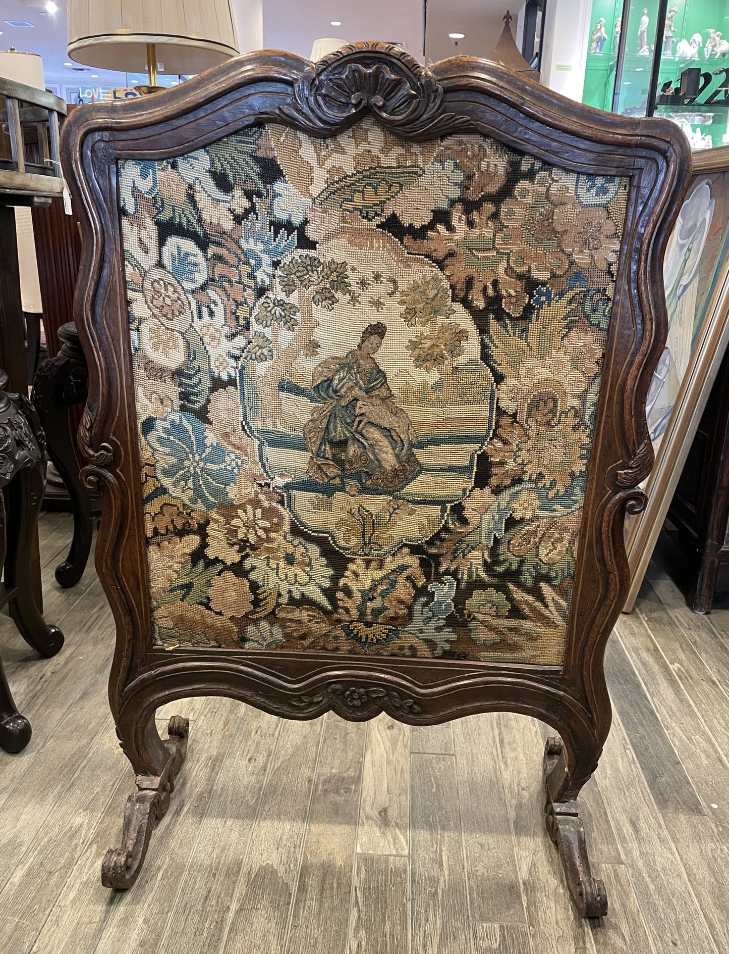 Antique Fireplace Screen with needlepoint insert, AS IS (0HP00Q)