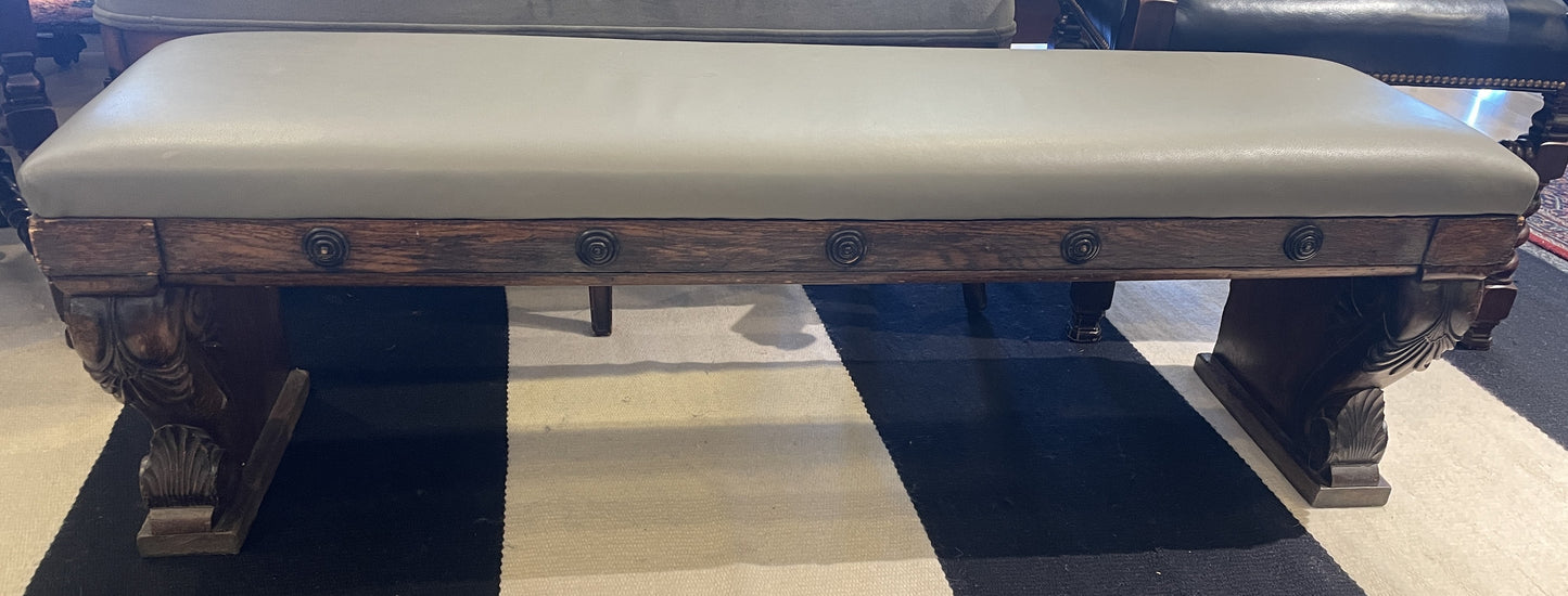 Antique English Oak bench with leather seat (0HP00A)