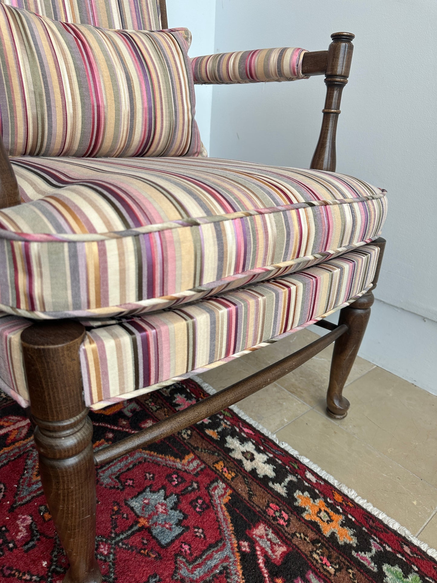 Ethan Allen Arm Chair, Reupholstered in A Stripe (0OE002, 0OE001) (Two Available)