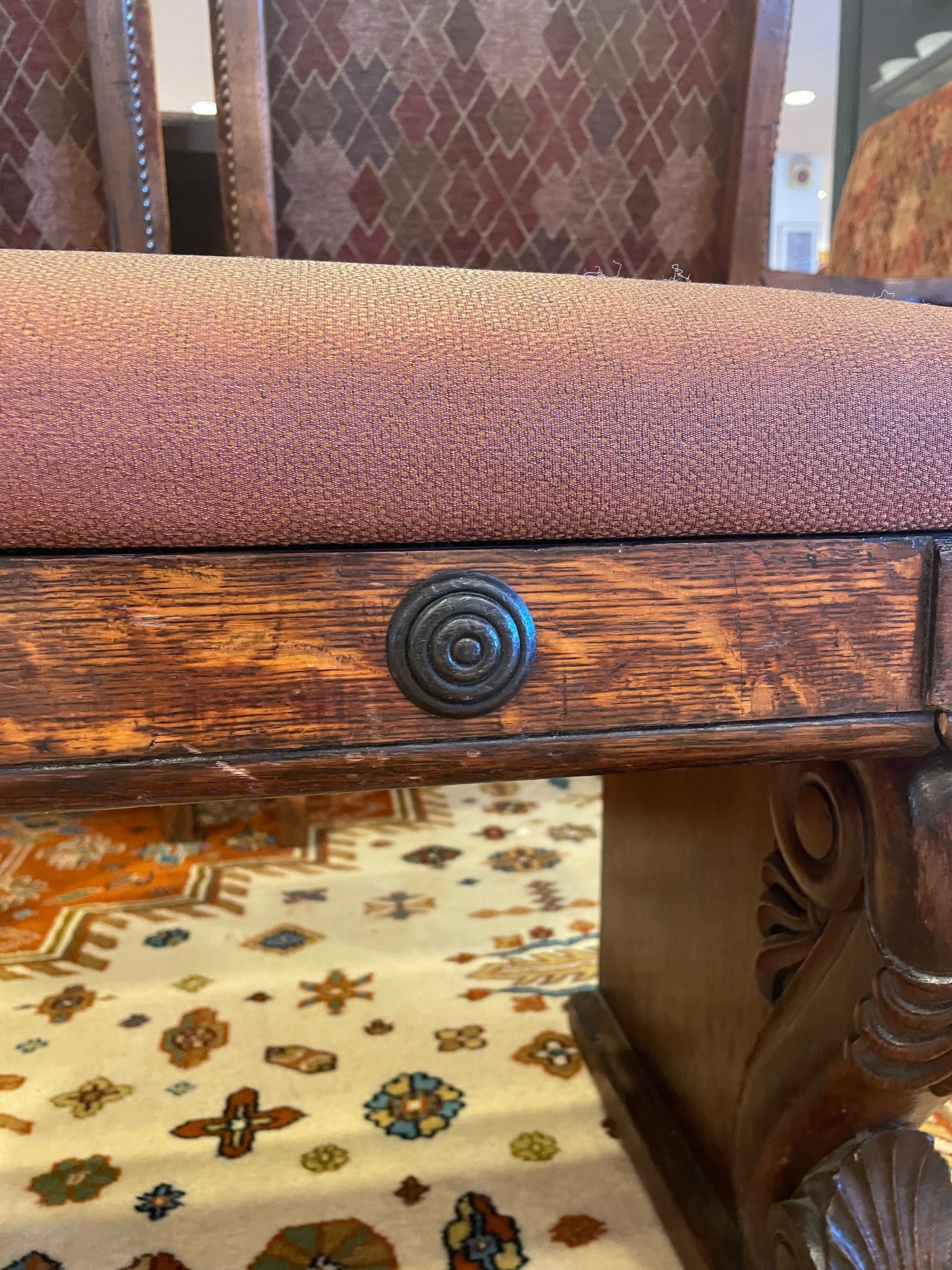 Antique Oak English bench with upholstered seat, AS IS (0HP009)