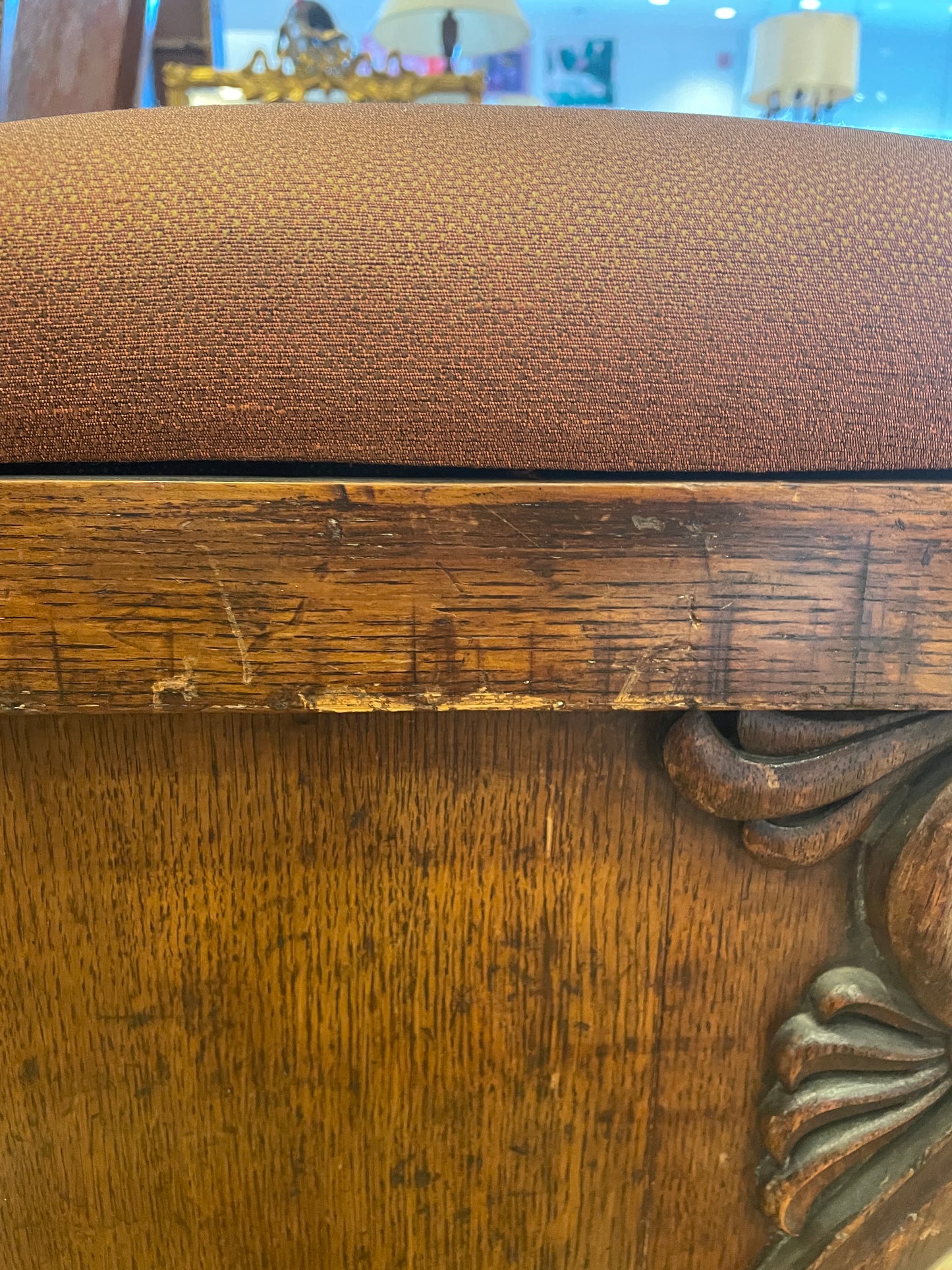 Antique Oak English bench with upholstered seat, AS IS (0HP009)
