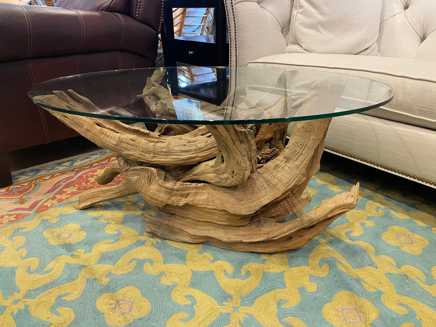Drift Wood Coffee Table with Oval Glass Top (0HU005)