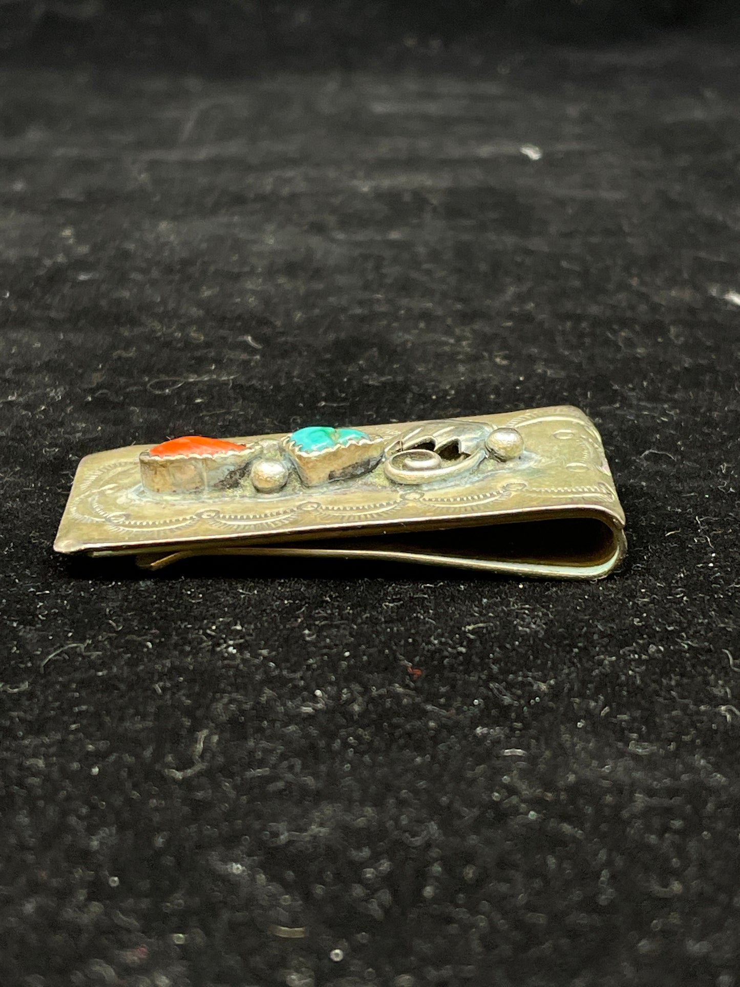 Navajo Sterling, Coral, and Turquoise Money Clip, Unsigned (0DW00T)
