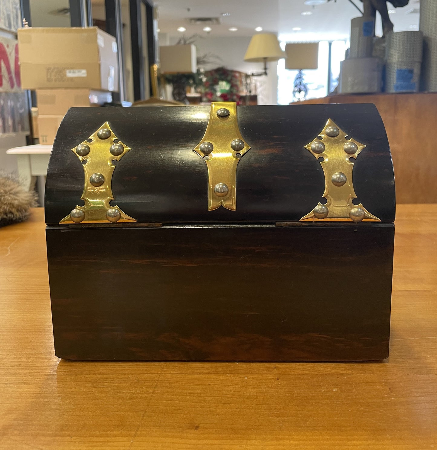 Antique 1800s Brass Top Tea Caddy with Gemstones (08E00V)