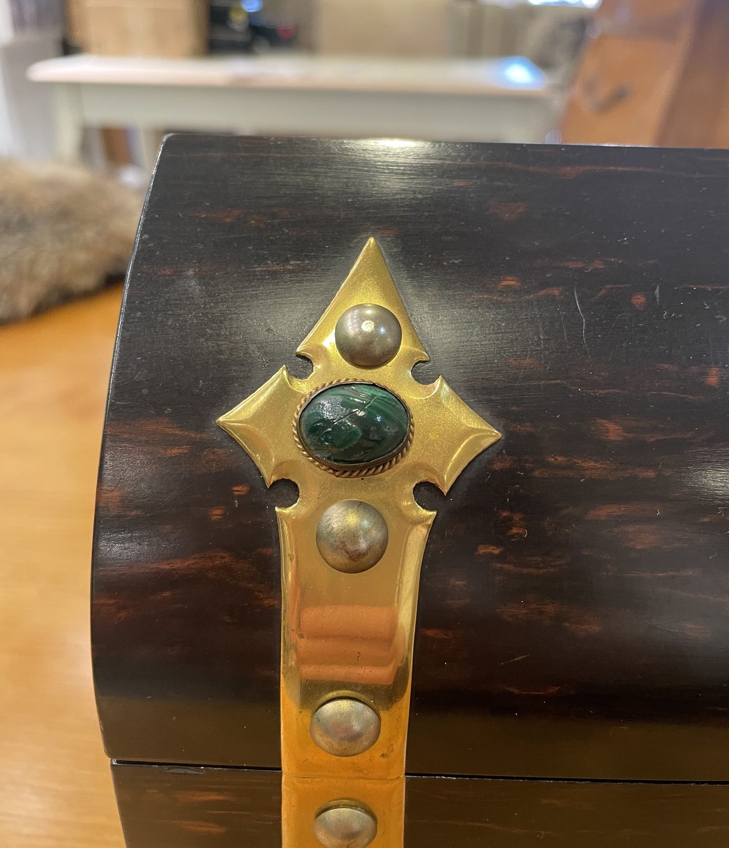 Antique 1800s Brass Top Tea Caddy with Gemstones (08E00V)