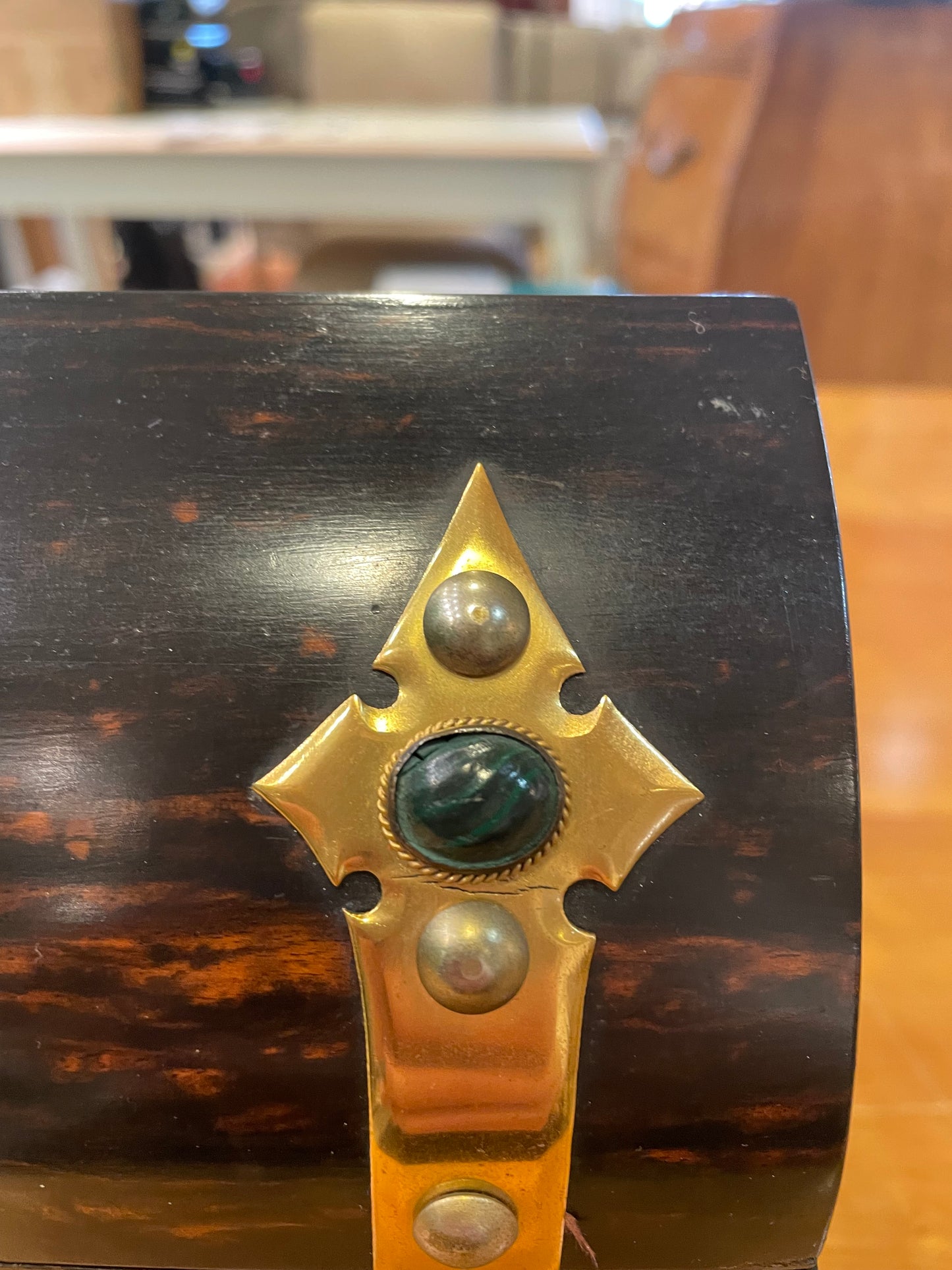 Antique 1800s Brass Top Tea Caddy with Gemstones (08E00V)