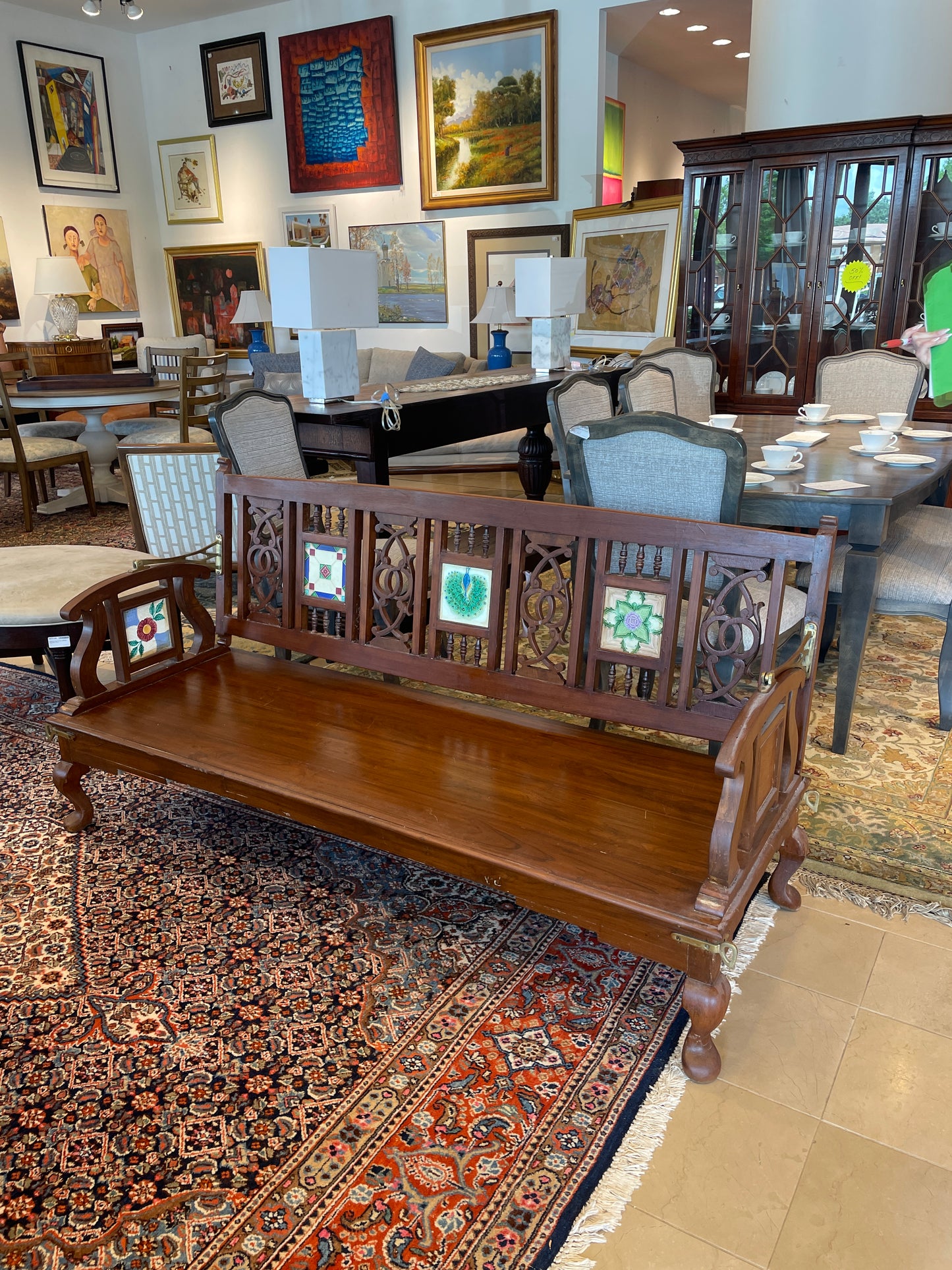 Teak Bench with Inlayed Ceramic Tiles and Reversible Back (0EA00J)