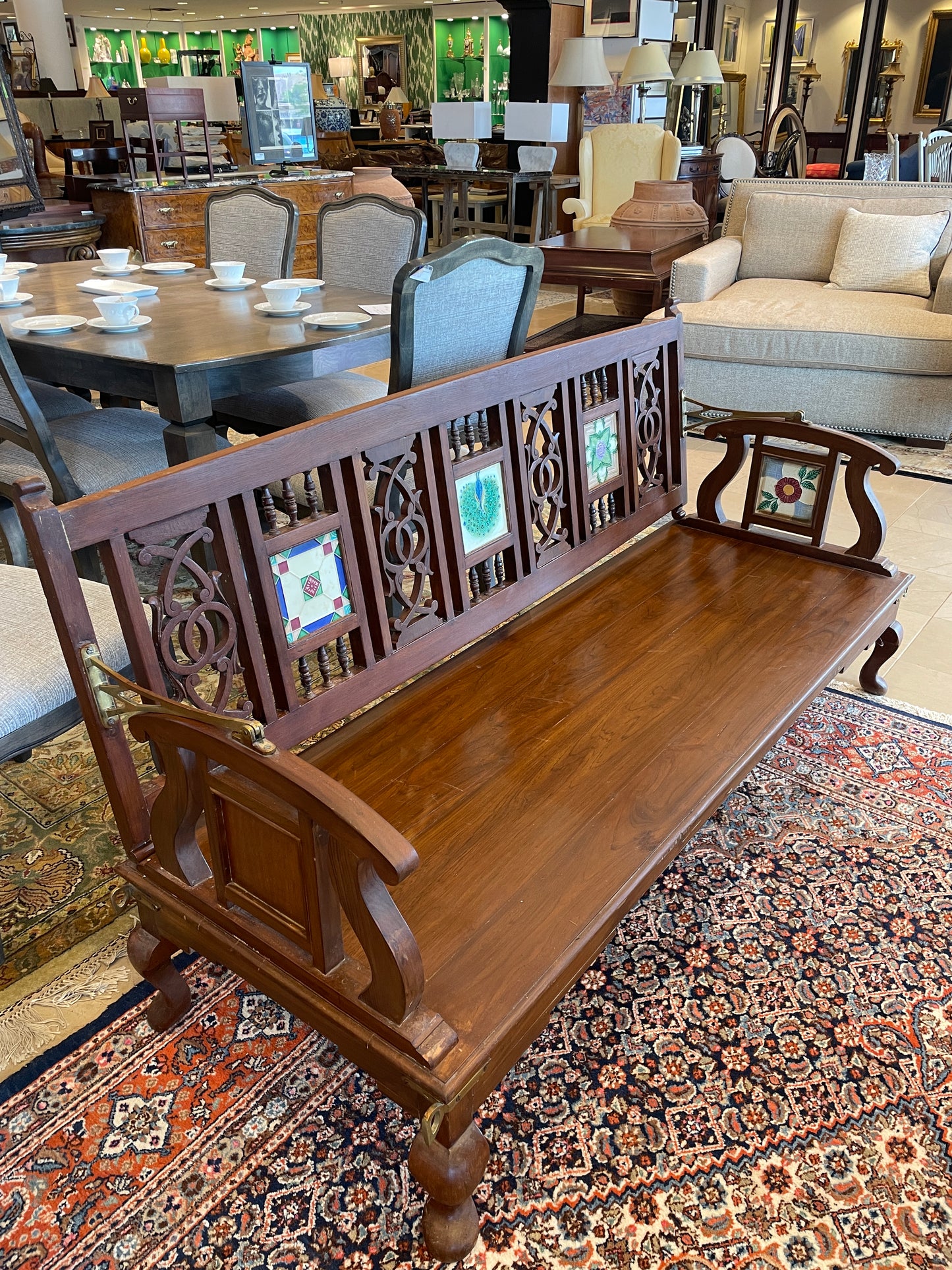 Teak Bench with Inlayed Ceramic Tiles and Reversible Back (0EA00J)