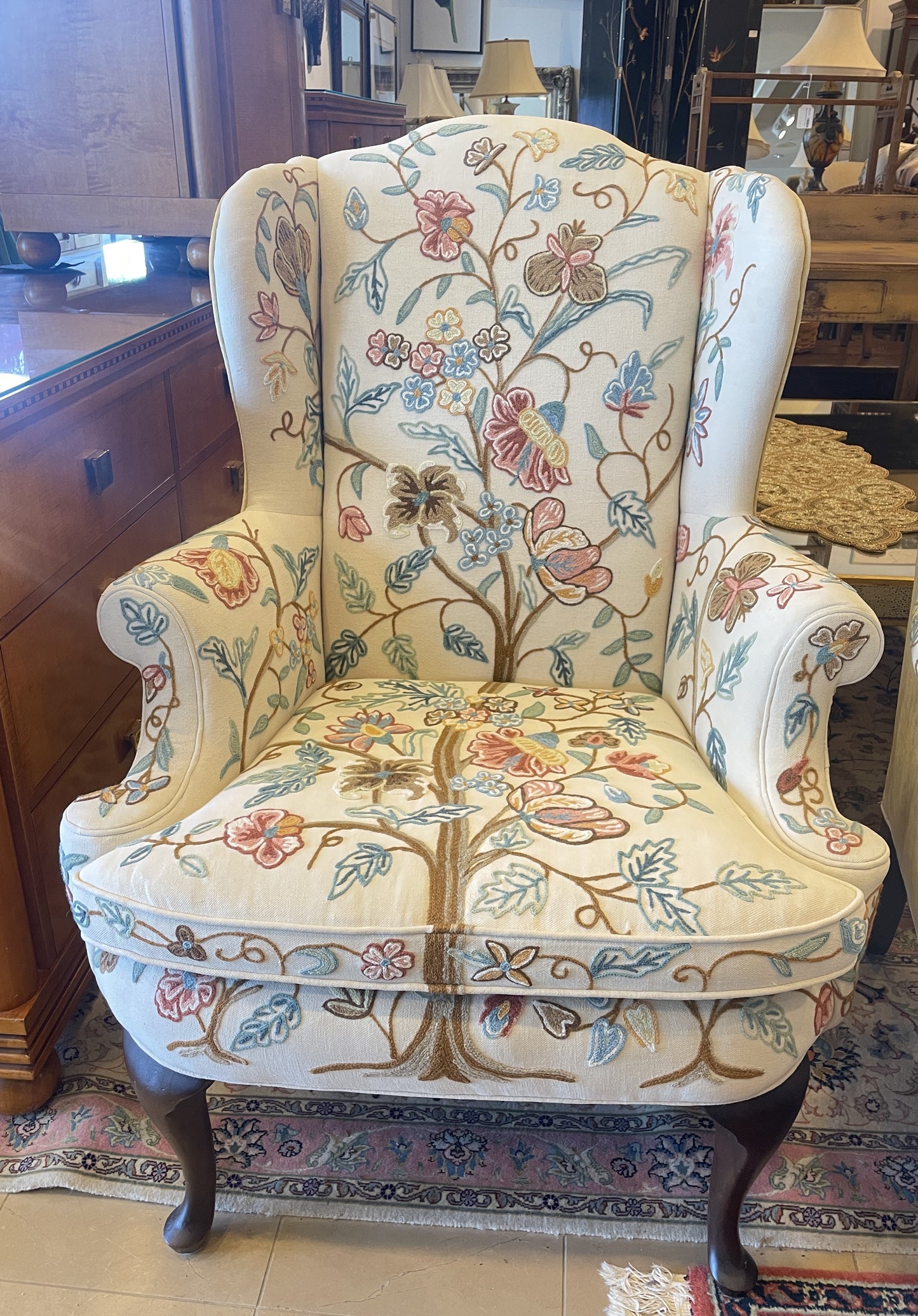 Crewel Embroidered Wingback Chair