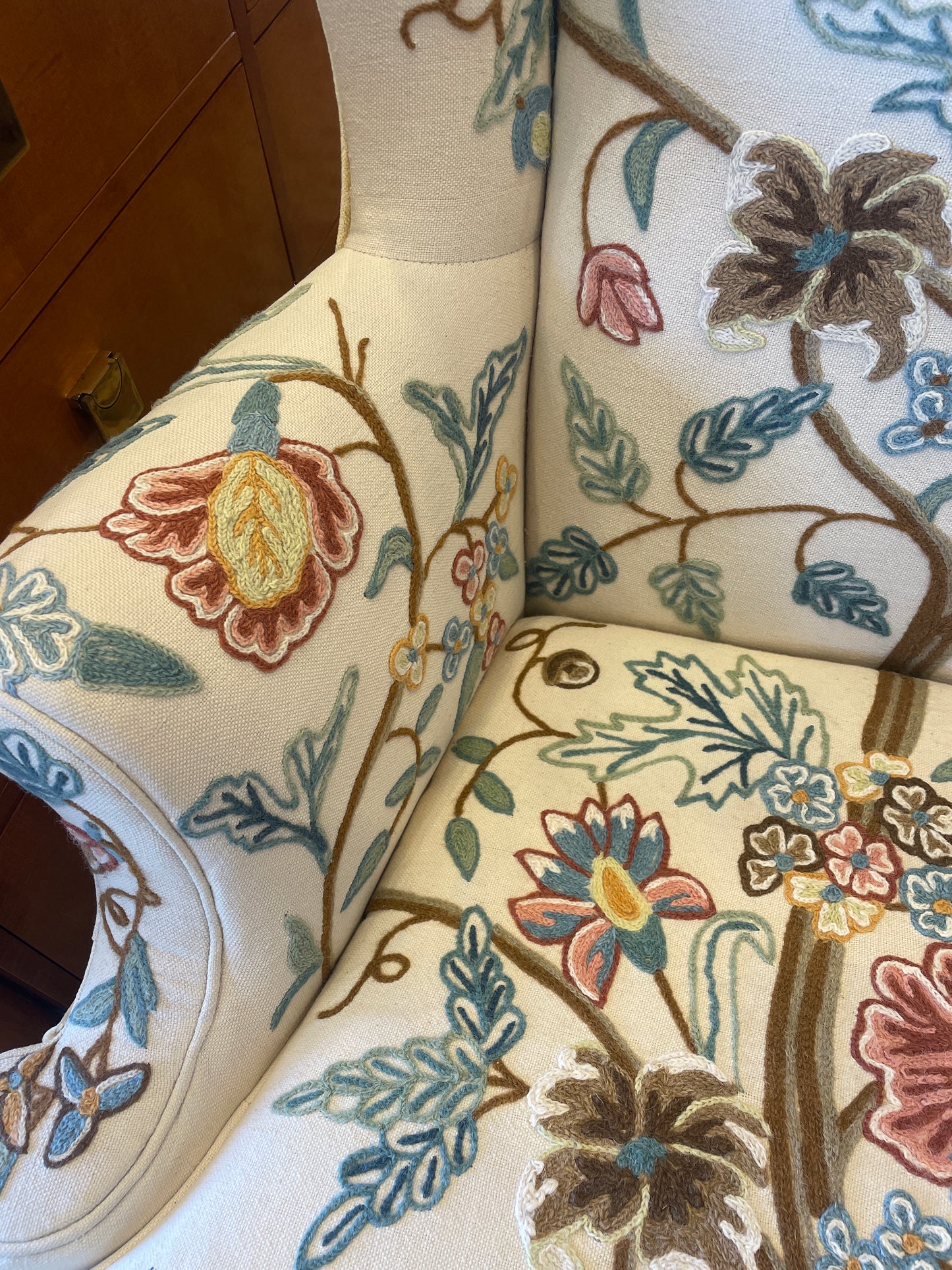 Crewel Embroidered Wingback Chair