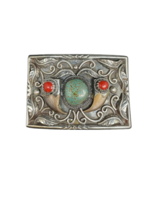 Casa Kakiki Tigua Belt Buckle with Turquoise, Coral and Bear Claw (0DW00S)