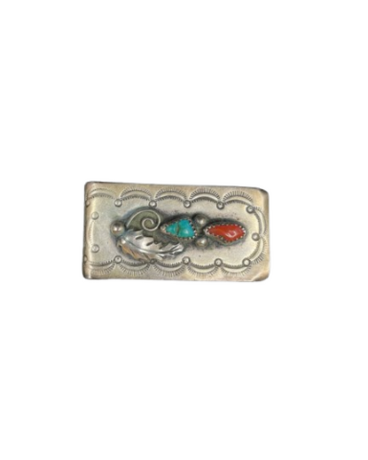 Navajo Sterling, Coral, and Turquoise Money Clip, Unsigned (0DW00T)