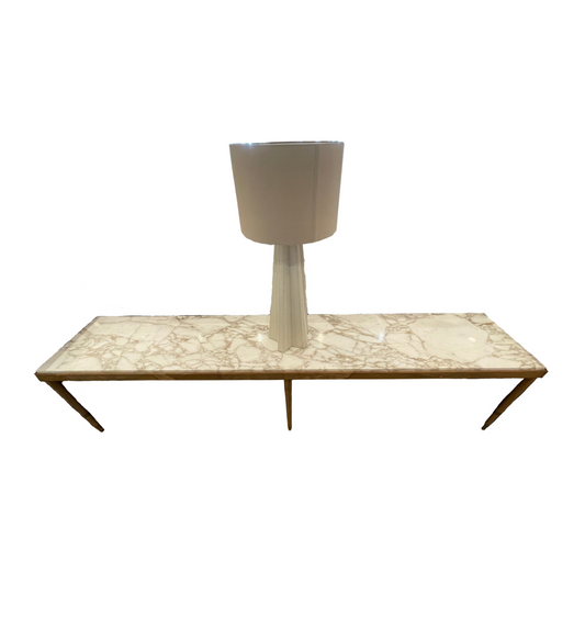 Mid Century Modern Calacatta Marble and Wood Low Console, AS IS (0GE005)