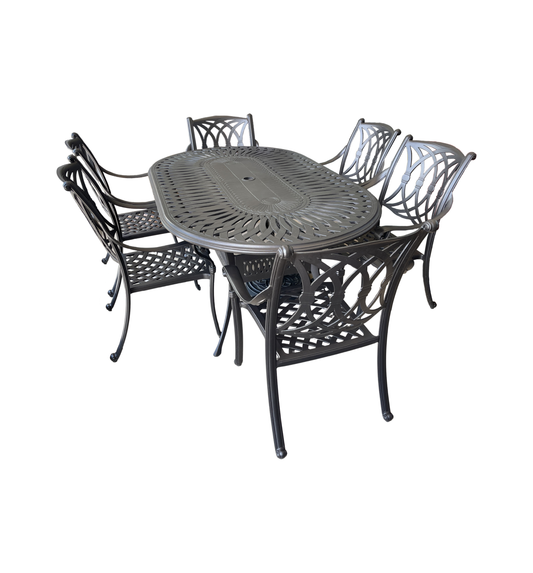 Madison Cast Aluminum Dining Suite with 6 Chairs and Umbrella Stand (0NP001)