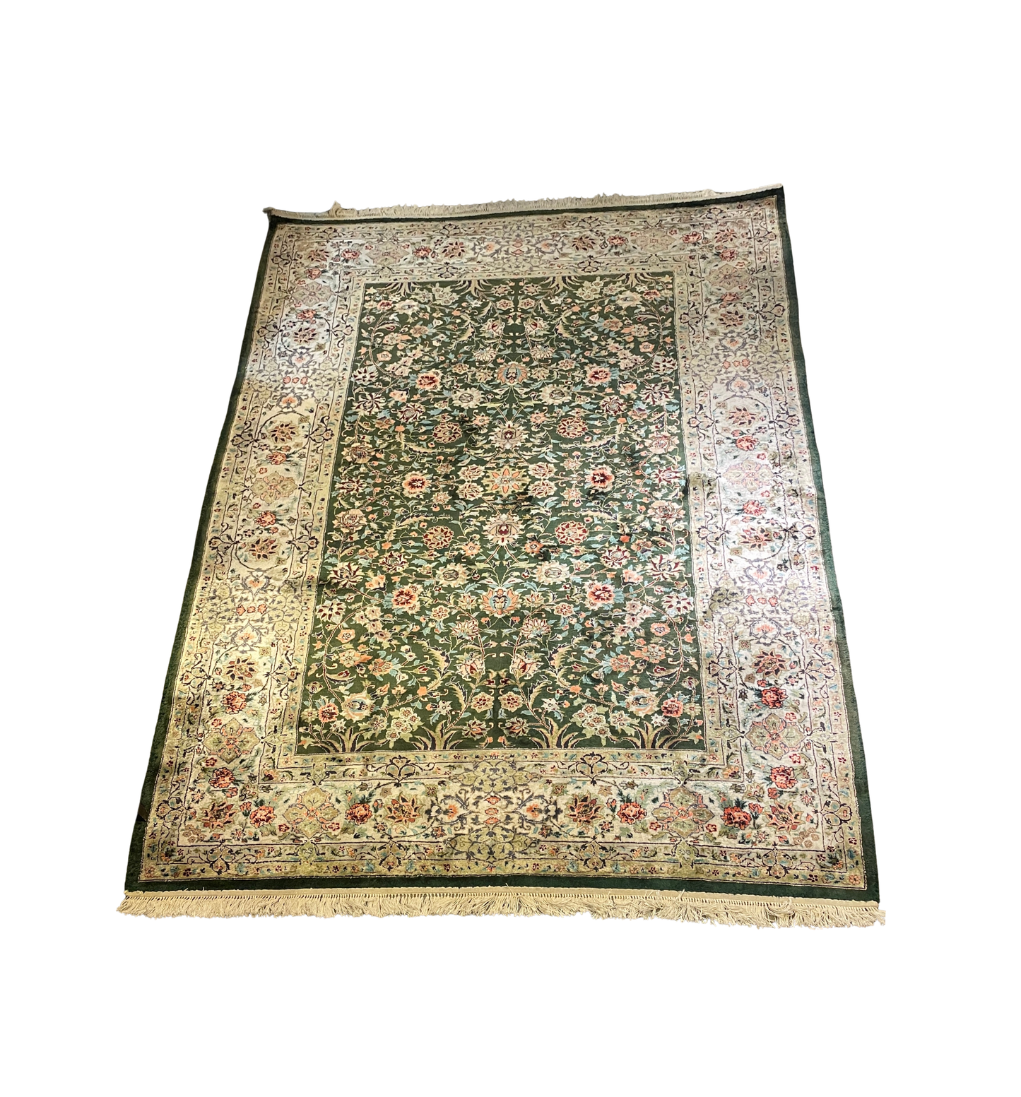 Hand Knotted Silk Green and Coral Rug (5'9x8'9) (0N5005)