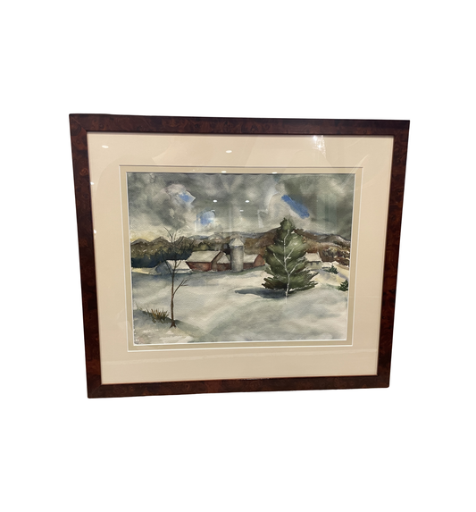 Snow Scene Watercolor of Farm, Unsigned (0ND00A)