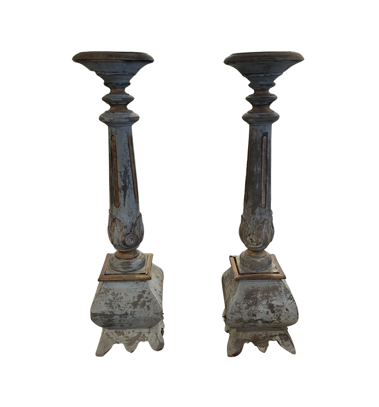 Antique Swedish Hand Carved Wooden Candle Pillars, a pair (01D01Z)