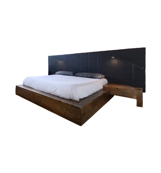 Custom Oxidized Maple King Platform Bed with attached nightstands and black leather headboard (0HV00G)