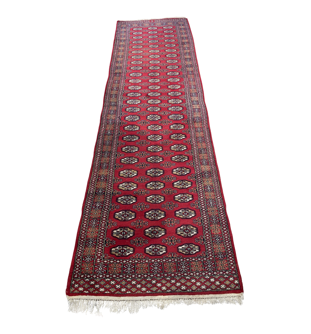 Hand Knotted Bokhara Runner in Red (11'3x3'1) (0PO002)
