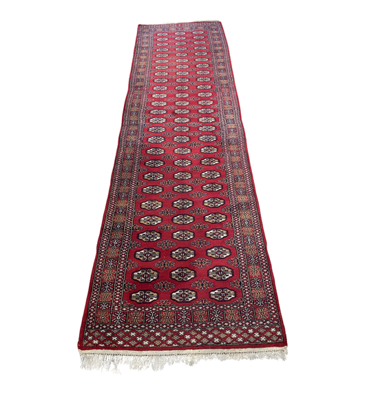 Hand Knotted Bokhara Runner in Red (11'3x3'1) (0PO002)