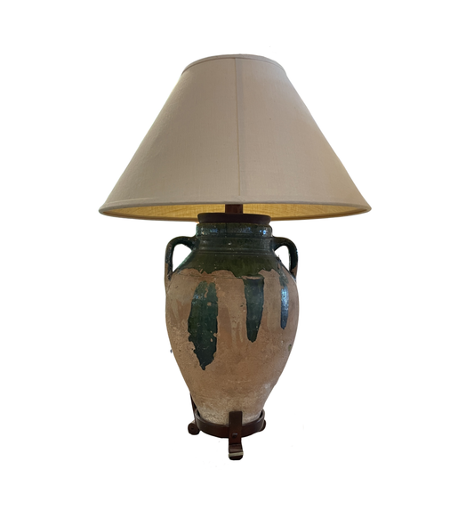 19th Century French Confit Pot Lamp, green with iron stand (0JL01O)