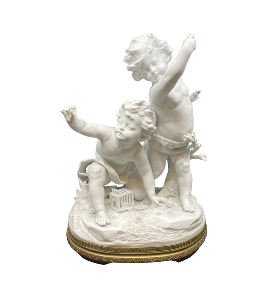 Bisque Sevres style Parian Porcelain Puttis with Birdcage (0OQ012)