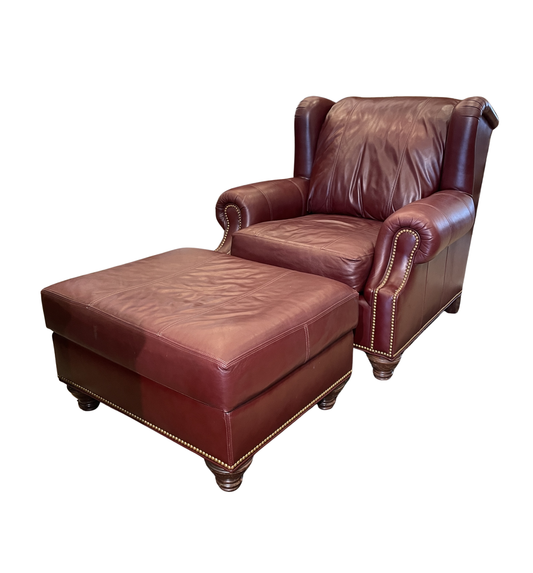 Leather Arm Chair and Ottoman, Burgundy (0M7008)