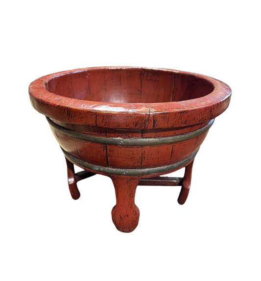 Antique Red Lacquer Chinese Wash Basin on Stand (0NG006)