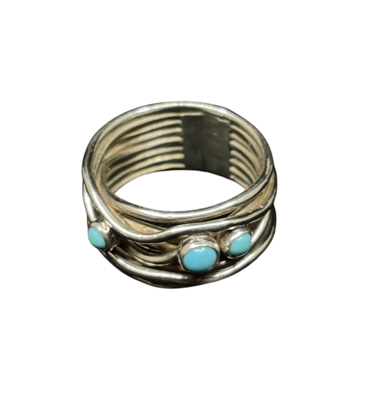 Sleeping Beauty Sterling and turquoise wire wrap ring, unsigned (09B00D)