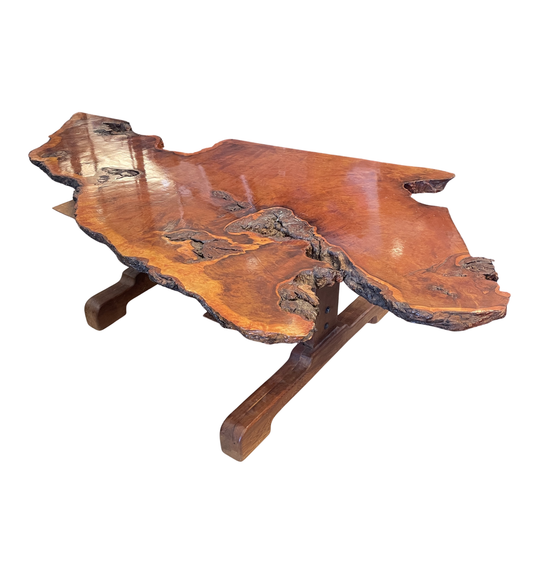 Vintage Live Edge Redwood Slab Coffee Table on Base (0KB002)