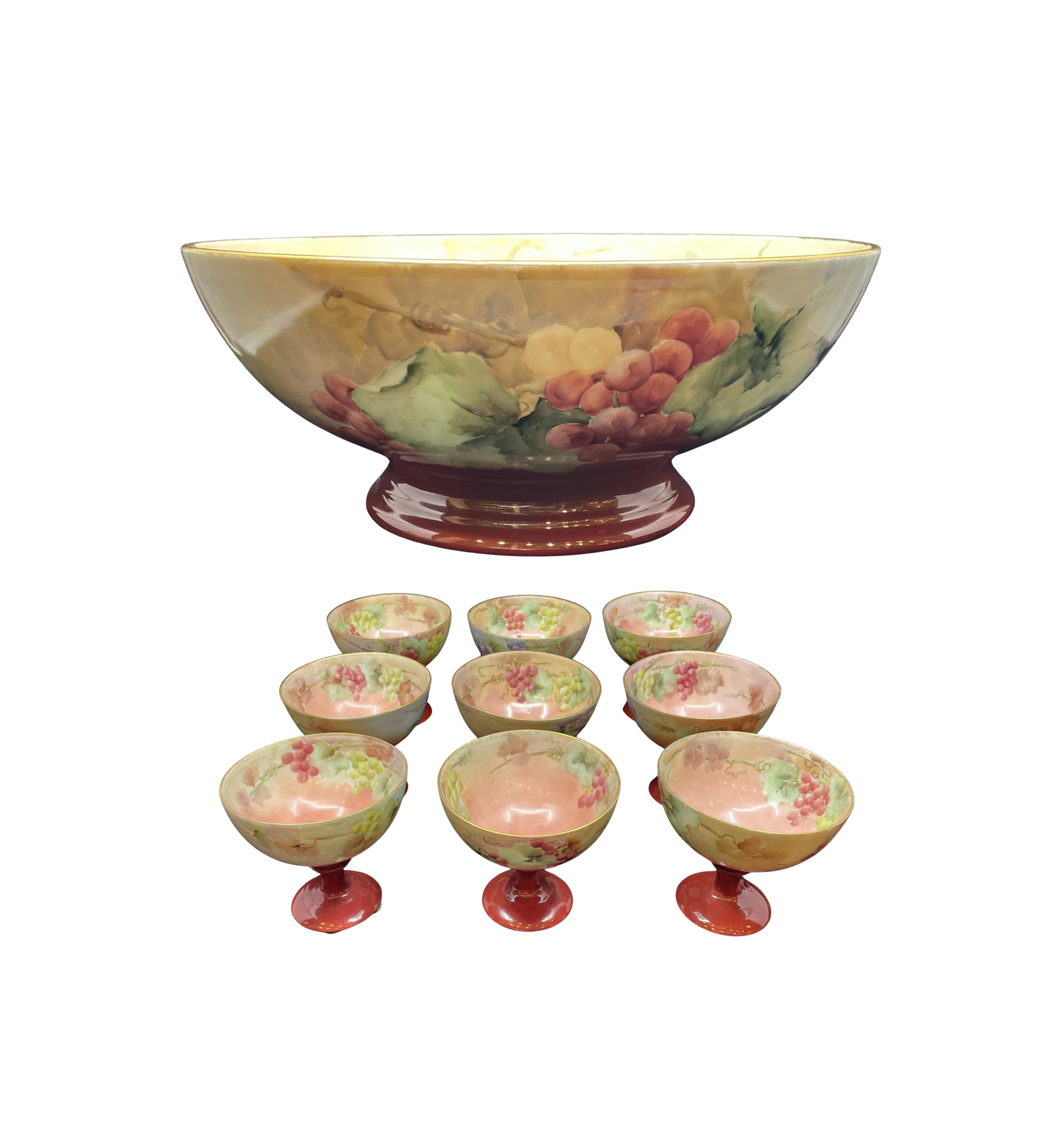 Hand Painted Porcelain Punch Bowl with Cups, Antique (0HU00E)