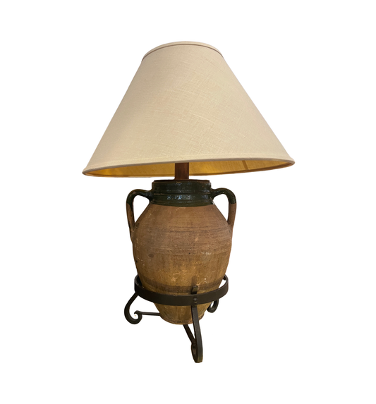 19th Century French Confit Pot Lamp, green with iron stand (0JL01P)