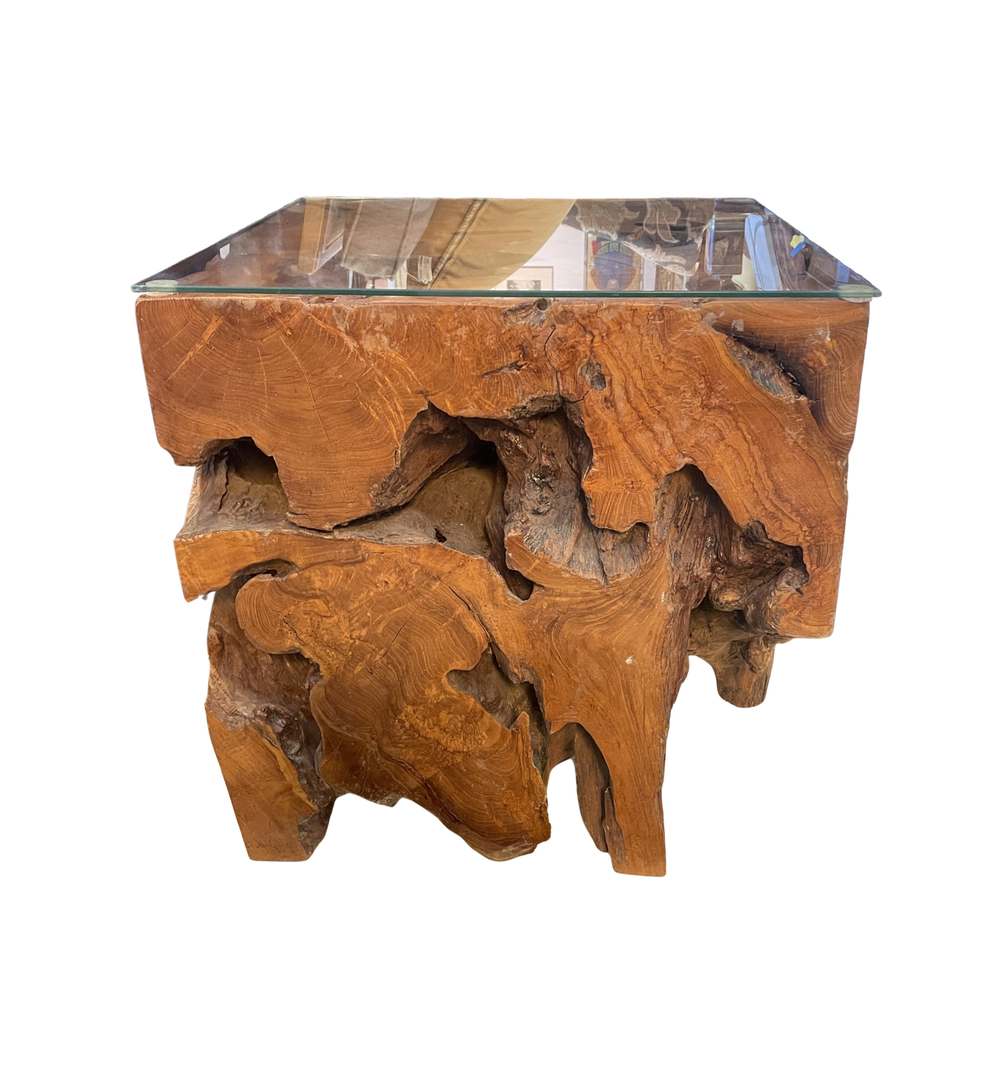 Vintage Teak Root End Table with Glass Top (0KB003)