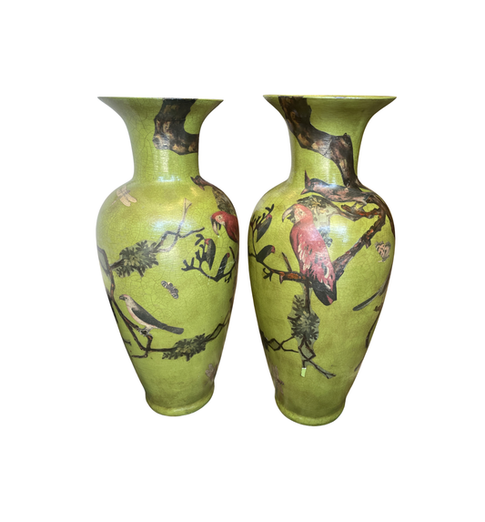 Pair of Paper Mache Bird Vases in Vibrant Green, AS IS (0N1004)