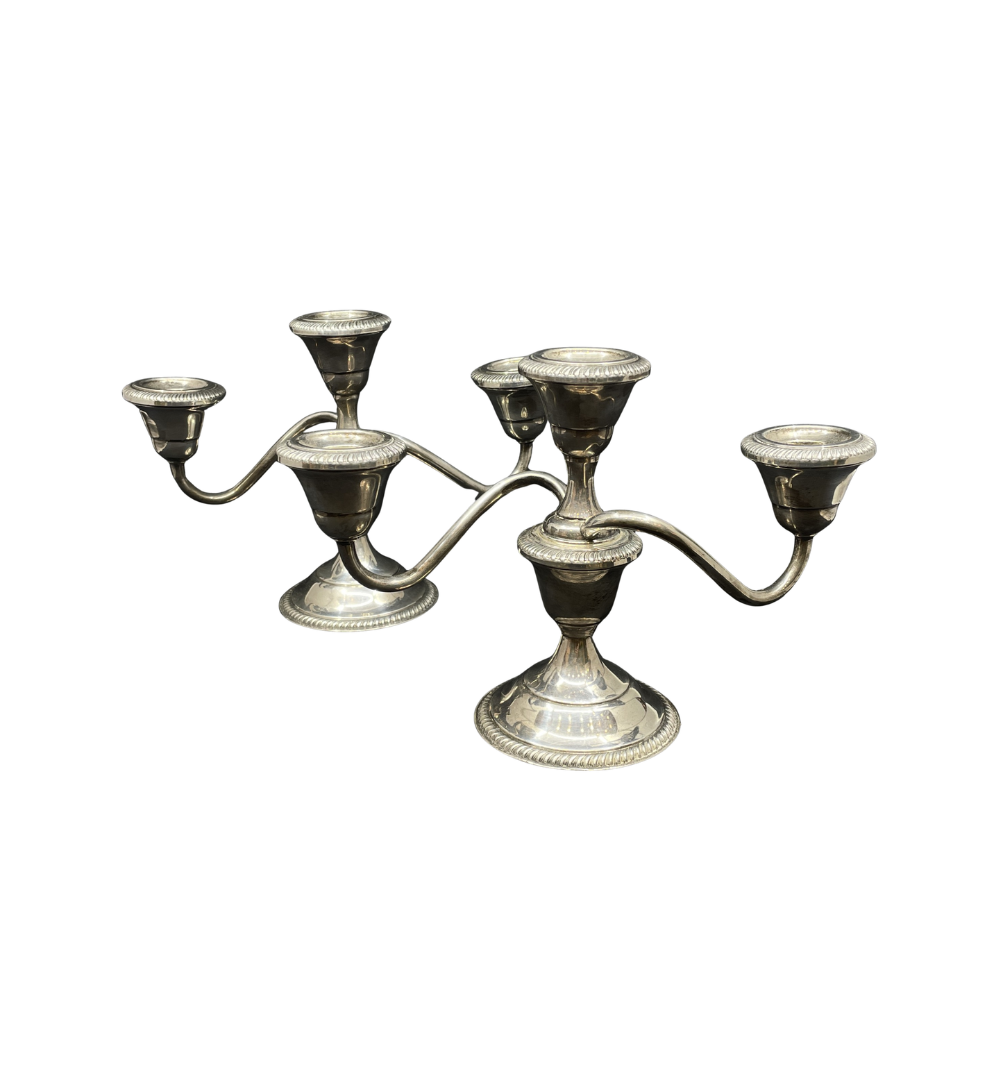 Fisher Sterling Three Candle Candelabras, a pair (012006)