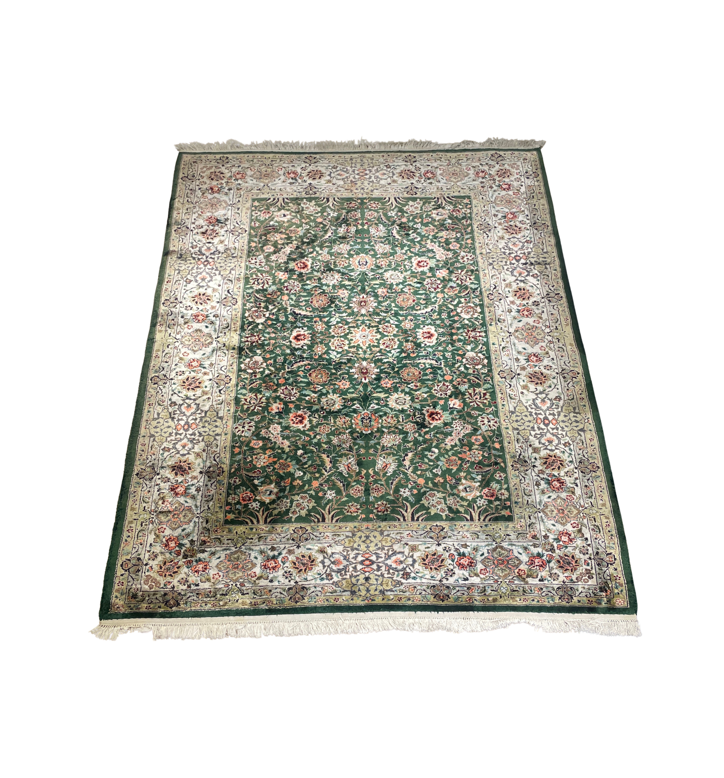 Hand Knotted Silk Green and Coral Rug (5'9x8'8) (0N5006)
