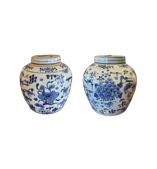 Blue and White Ginger Jar with Swallow and Floral tapestry, a pair (0OT00J)