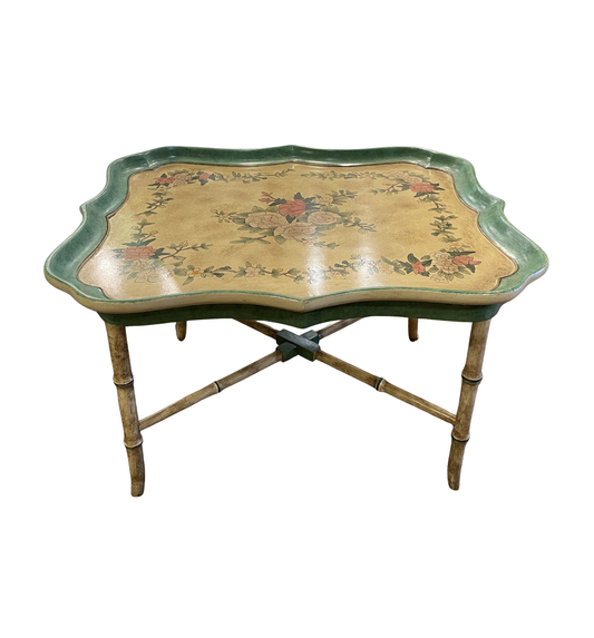 French Faux Painted Tray on Stand Table with Floral Design (0L700H)