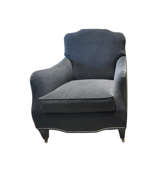 Ambella Black Arm Chair with tacks, AS IS (Two available 0N2006 and 0N2007)
