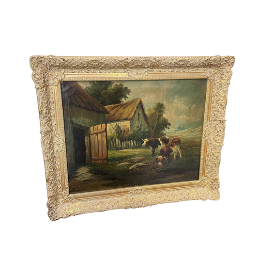 19th Century Oil on Canvas, Pastoral with Cows, Signed (0QH006)