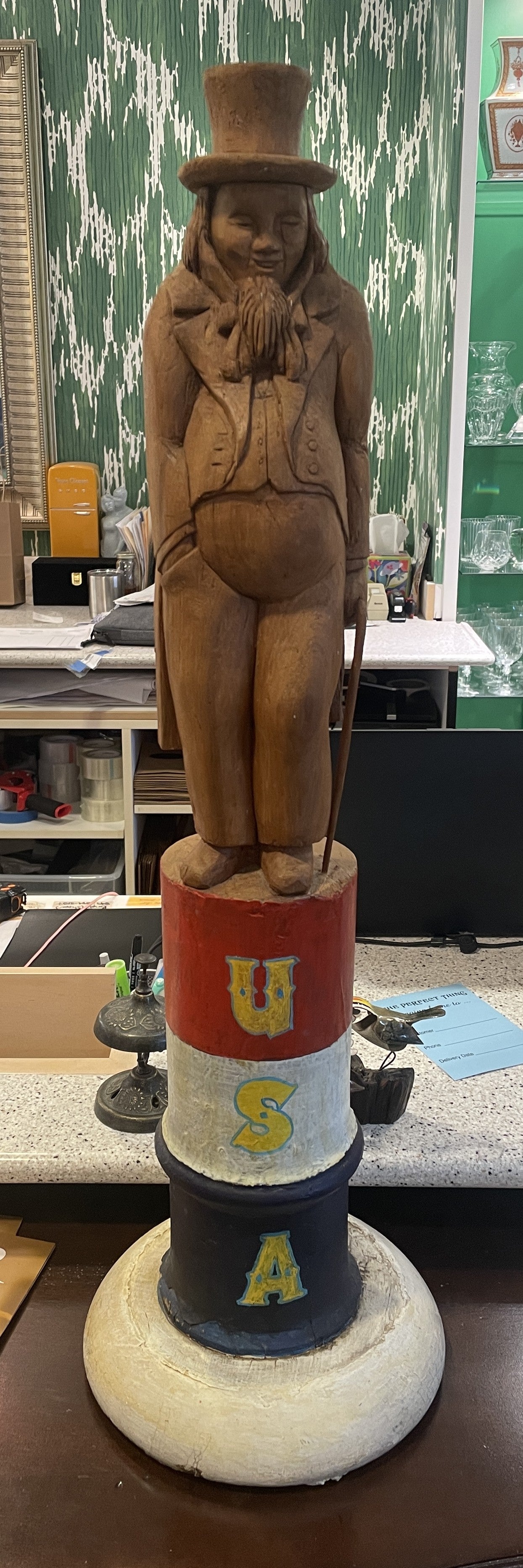Folk Art Carved Uncle Sam on Oil Barrel (02J00H)